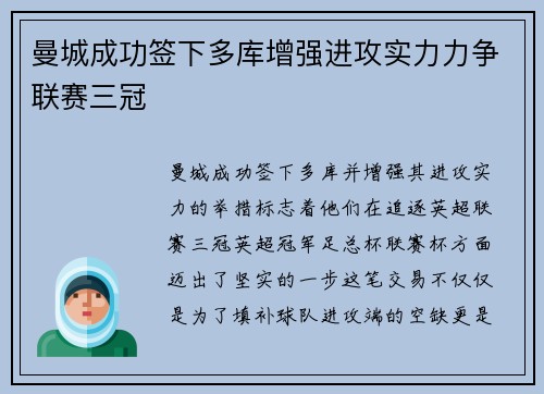 曼城成功签下多库增强进攻实力力争联赛三冠